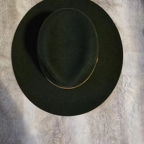 WYETH Hunter Green Wide-Brim Fedora Hat with Brown Leather Band - Picture 4 of 5